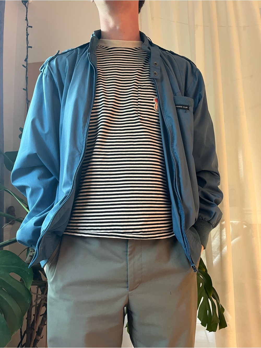 Blue Men's Bomber Jacket with Stand Collar
